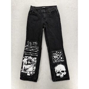 Hot Topic Jeans Mens 28x32 Black Dark Wash Relaxed Skull Patch Denim Gothic Punk